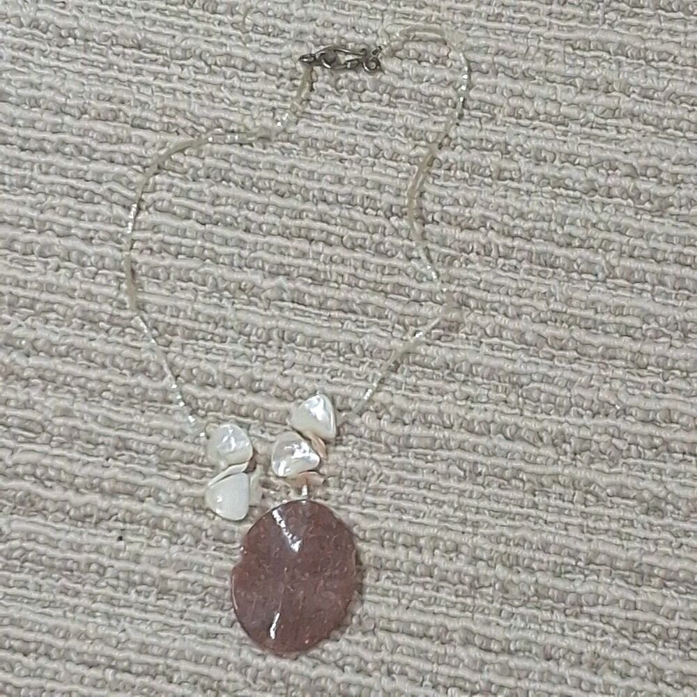 VINTAGE MOTHER OF PEARL SHELL SLAB PENDANT BEADED CHOKER NECKLACE LOBSTER CLASP